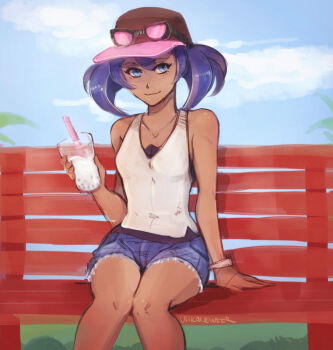 1girl baseball_cap blue_eyes blue_sky bubble_tea cup dark-skinned_female dark_skin denim denim_shorts disposable_cup eyewear_on_headwear gift_art hat nintendo on_bench outdoors pokemon pokemon_sm purple_hair shirt shorts signature sina_(pokemon) sitting sky sleeveless sleeveless_shirt solo sunglasses vhkaneweer