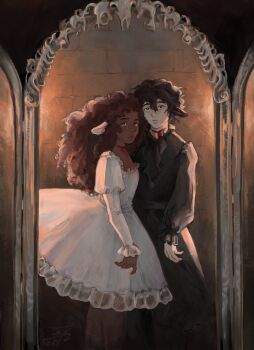1boy 1girl animal_ears animal_skull arch black_dress black_hair blank_stare bleeding blood bright_pupils brother_and_sister brown_eyes brown_hair commentary dark-skinned_female dark_skin dress english_commentary hazel_levesque highres itsis0k long_hair looking_at_viewer nico_di_angelo percy_jackson_and_the_olympians sheep_ears short_hair siblings slit_throat standing white_dress white_pupils