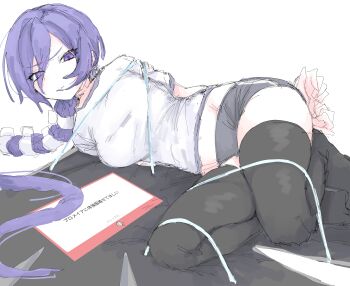 1girl absurdres arms_behind_back black_shorts black_thighhighs bound bound_arms breasts closed_mouth commentary_request crescent crescent_earrings earrings highres jewelry long_hair looking_at_viewer lying marshmallow_(site) medium_breasts mocamocaink on_side promeia_(zenless_zone_zero) purple_eyes purple_hair request_inset restrained shirt shorts simple_background solo thighhighs white_background white_shirt zenless_zone_zero