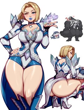 1boy 1girl ass blonde_hair blowing_kiss blush blushyspicy bodysuit breasts broly_culo_(meme) emma_frost high_heels highres jeff_(marvel) long_tongue looking_at_viewer marvel marvel_rivals monster_boy muscular muscular_male one_eye_closed open_mouth shark sharp_teeth short_hair smile spider-man_(series) symbiote teeth tongue tongue_out venom_(marvel) x-men