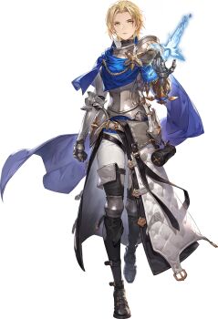 1girl absurdres aiguillette armor black_boots blonde_hair blue_cape boots cape cryokinesis cuirass gauntlets hair_slicked_back highres non-web_source official_art pants parted_bangs pauldrons short_hair shoulder_armor side_cape simona_(sword_of_convallaria) single_pauldron solo sword_of_convallaria yellow_eyes