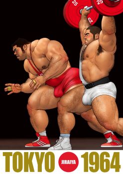 2boys bara barbell bare_pectorals beard_stubble belly blush bulge buzz_cut clean_and_jerk covered_penis exercising facial_hair from_side hairy hand_hair highres jiraiya_(mangaka) large_pectorals male_focus mature_male multiple_boys muscular muscular_male original pectorals profile short_hair sideburns simple_background singlet sparse_chest_hair sparse_navel_hair standing strongman_waist stubble tank_top thick_arm_hair thick_back_hair thick_leg_hair thick_navel_hair thick_thighs thighs very_hairy very_short_hair weightlifting white_tank_top