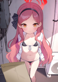 1girl bikini black_bikini black_hairband blue_archive blush breasts closed_mouth commentary condenser_unit envelope feet_out_of_frame front-tie_bikini_top front-tie_top groin hairband halo highres jacket loli long_hair long_sleeves looking_at_viewer navel no_pants open_clothes open_jacket outdoors paid_reward_available red_hair red_halo shokupan_(slvk12) side-tie_bikini_bottom small_breasts solo standing swimsuit takane_(blue_archive) textless_version variant_set very_long_hair white_jacket yellow_eyes