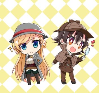 Rule 34 | 1boy, 1girl, :<, araragi ayune, blonde hair, blue eyes, bolo tie, braid, bright pupils, brown coat, brown corset, brown eyes, brown hair, brown hat, brown pants, brown pantyhose, buttons, chibi, chibi only, coat, commentary request, corset, double-breasted, green shirt, grey coat, grey hat, hair between eyes, hand in pocket, hat, holding, holding magnifying glass, isshiki-san wa koi wo shiritai., long hair, looking at viewer, magnifying glass, meishi leland, open clothes, open coat, pants, pantyhose, pantyhose under shorts, rinna milford, shirt, short hair, shorts, sparkle, standing, swept bangs, white pupils