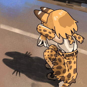 1girl abdula absurdres animal_ears animal_print black_hair blonde_hair bow bowtie cat_shadow_puppet_(meme) different_shadow double_w elbow_gloves extra_ears facing_away from_behind gloves highres kemono_friends meme middle_w print_bow print_bowtie road serval_(kemono_friends) shadow shadow_puppet shirt short_hair skirt squatting street tail thighhighs w