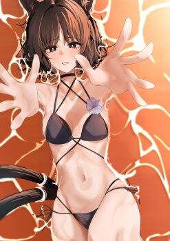 Rule 34 | 1girl, absurdres, animal ears, bare shoulders, bikini, black bikini, black eyes, black hair, blue archive, blush, breasts, cat ears, cat girl, cat tail, commentary request, grin, highres, kikyou (blue archive), kikyou (swimsuit) (blue archive), kowa m9, looking at viewer, lying, multiple tails, navel, official alternate costume, on back, reaching, reaching towards viewer, revision, short hair, smile, solo, stomach, swimsuit, tail, two tails, wet