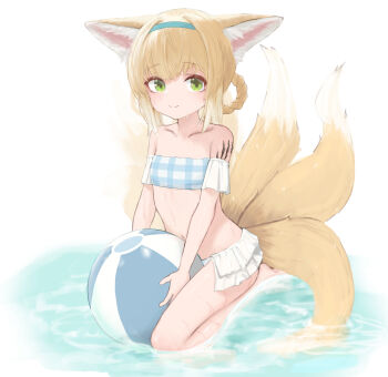 Rule 34 | 1girl, alternate costume, animal ears, arknights, ball, barefoot, beachball, bikini, blonde hair, blue bikini, blue hairband, braid, braided hair rings, closed mouth, commentary, fox ears, fox girl, fox tail, green eyes, hair rings, hairband, highres, holding, holding ball, holding beachball, kitsune, kyuubi, looking at viewer, material growth, multiple tails, navel, nullkurage, oripathy lesion (arknights), plaid bikini, plaid clothes, short hair, smile, solo, suzuran (anmi&#039;s swimsuit) (arknights), suzuran (arknights), swimsuit, tail, twin braids