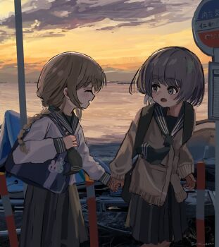 2girls absurdres bag bag_charm black_sailor_collar braid brown_cardigan brown_hair bus_stop cardigan charm_(object) closed_eyes cloud commentary_request cowboy_shot evening grey_eyes grey_hair grey_skirt highres holding_hands long_hair long_sleeves looking_at_another multiple_girls ocean open_mouth orange_sky original outdoors pleated_skirt profile sailor_collar school_bag school_uniform serafuku shirt short_hair shoulder_bag skirt sky standing wanigumo white_shirt