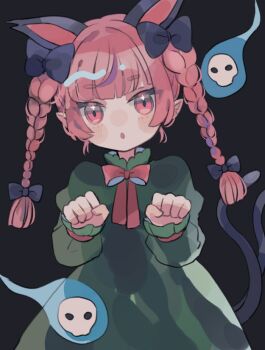 1girl animal_ears black_background black_bow bow bowtie braid cat_ears cat_girl clenched_hands commentary dress extra_ears green_dress hair_bow hitodama hiyuu_(hiyualice) juliet_sleeves kaenbyou_rin long_sleeves medium_hair paw_pose pointy_ears puffy_sleeves red_bow red_bowtie red_eyes red_hair side_braids simple_background solo touhou twin_braids