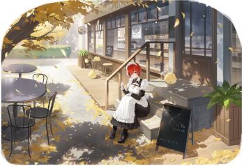1girl absurdres alternate_costume animal apron artist_request autumn autumn_leaves azur_lane bar_stool bird black_dress black_footwear boots bottle breasts building cafe chair cleavage cleavage_cutout clothing_cutout coffee collared_dress counter cup dappled_sunlight day door dress enmaided falling_leaves frilled_apron frilled_dress frilled_hairband frills full_body hair_between_eyes hairband highres holding holding_cup juliet_sleeves lace-up_boots large_breasts leaf long_dress long_sleeves maid maid_apron maid_headdress manjuu_(azur_lane) menu menu_board non-web_source official_alternate_costume official_art outdoors pavement petals plant puffy_sleeves red_eyes red_hair road shadow shoes short_hair sign sitting sitting_on_stairs solo stairs stool street sunlight table teacup tile_floor tiles tree waist_apron weser_(azur_lane) weser_(offtime_cafe)_(azur_lane) white_apron window