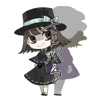 Rule 34 | 2girls, back-to-back, black capelet, black hat, black shoes, blonde hair, book, bow, brown eyes, brown hair, capelet, chibi, closed mouth, collared shirt, commentary, dress, grey slippers, hair bow, hat, hat bow, holding, holding book, kz m i, long sleeves, maribel hearn, mob cap, multiple girls, necktie, purple dress, red necktie, ribbon-trimmed capelet, ribbon-trimmed skirt, ribbon trim, shirt, shoes, short hair, simple background, sleeve cuffs, slippers, smile, socks, standing, touhou, usami renko, white background, white bow, white hat, white shirt, white socks