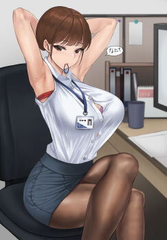 1girl absurdres adjusting_hair armpits arms_up binder bra breasts brown_eyes brown_hair bulletin_board button_gap chair collared_shirt crossed_legs cup desk dress_shirt female_focus fle_en hair_bun hair_tie highres huge_breasts id_card in_mouth lanyard looking_at_viewer miniskirt mole monitor office_chair office_lady original pantyhose paper pencil_skirt pink_lips purple_bra rope shirt shirt_tucked_in sidelocks single_hair_bun sitting skirt solo sticky_note sweat swivel_chair thighs tying_hair underwear white_shirt