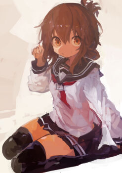 1girl absurdres black_sailor_collar black_skirt black_thighhighs brown_hair closed_mouth commentary folded_ponytail hair_between_eyes highres inazuma_(kancolle) kaamin_(mariarose753) kantai_collection long_sleeves looking_at_viewer miniskirt neckerchief orange_eyes pleated_skirt red_neckerchief sailor_collar school_uniform serafuku sitting skirt solo thighhighs