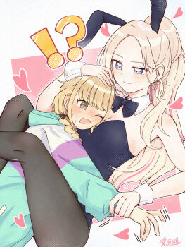 !? @_@ alternate_costume animal_ears black_bow black_bowtie black_leotard black_pantyhose blonde_hair blush bow bowtie breasts cleavage commentary_request detached_collar fake_animal_ears fujita_kotone gakuen_idolmaster hand_on_another's_head haniwa_hayate heart highres holding_another's_wrist idolmaster jacket juo_sena leg_lock leotard looking_at_another lying lying_on_person medium_breasts multicolored_jacket nose_blush on_side pantyhose pink_streaks playboy_bunny ponytail rabbit_ears signature smile strapless strapless_leotard wrist_cuffs yuri