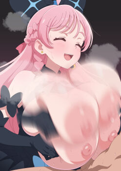 1boy 1girl absurdres black_bow black_dress black_gloves blush bow braid breasts closed_eyes commentary_request cure_prism dress elbow_gloves gloves highres hirogaru_sky!_precure huet-pc huge_breasts long_hair motion_blur nijigaoka_mashiro nipples open_mouth paizuri pink_hair precure smile solo_focus teeth upper_teeth_only