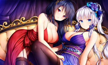2girls ahoge alternate_costume alternate_hairstyle azur_lane bare_shoulders black_hair black_legwear blue_dress blue_eyes blush breasts choker cleavage closed_mouth cocktail_dress collarbone commentary curtains dress elbow_gloves garter_straps gloves hair_between_eyes hair_ornament hair_ribbon halter_dress halterneck highres huge_breasts illustrious_(azur_lane) illustrious_(never-ending_tea_party)_(azur_lane) indoors large_breasts long_hair looking_at_viewer lounge mole mole_under_eye multiple_girls official_alternate_costume ponytail red_dress red_eyes ribbon sidelocks smile taihou_(azur_lane) taihou_(forbidden_fruit)_(azur_lane) thighhighs twintails very_long_hair white_hair wsman