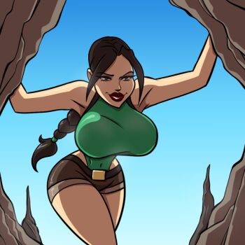 1girl arm_support blue_sky braid breasts brown_eyes brown_hair covered_navel curvy green_one-piece_swimsuit highleg highleg_one-piece_swimsuit huge_breasts lara_croft lips long_braid long_hair looking_at_viewer low-tied_long_hair nature one-piece_swimsuit phazyn shiny_clothes shiny_skin short_shorts shorts single_braid sky solo standing swimsuit swimsuit_under_clothes thick_thighs thighs tomb_raider