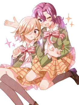 2girls :o ;d aoyagi_hajime blazer blonde_hair blurry blush bokeh bow bowtie brown_eyes brown_shoes collared_shirt curtained_hair depth_of_field film_grain floating floating_clothes full_body genderswap genderswap_(mtf) green_jacket grey_socks hair_between_eyes hair_over_one_eye highres holding_hands jacket kneehighs loafers long_hair looking_at_viewer low_ponytail medium_hair miniskirt mofulove_cocoa multiple_girls one_eye_closed open_clothes open_hand open_jacket open_mouth parted_bangs parted_hair plaid_clothes plaid_skirt ponytail purple_eyes purple_hair red_bow red_bowtie school_uniform shirt shoes simple_background skirt smile socks sparkle striped_bow striped_bowtie striped_clothes teshima_junta wavy_hair white_background white_shirt yellow_shirt yowamushi_pedal