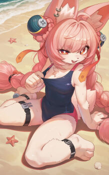 1girl absurdres ahoge animal_ear_fluff animal_ears ankle_strap beach blush braid breasts bright_pupils buck_teeth covered_navel ear_piercing furry furry_female highres long_hair looking_at_viewer one-piece_swimsuit piercing pink_hair pulling_own_clothes rabbit_ears rabbit_girl rabbit_tail red_eyes sand sitting small_breasts smile solo starfish swimsuit tail teasing teeth thick_eyebrows thick_thighs thigh_strap thighs twin_braids very_long_hair wariza water wet white_fur white_pupils xmfranz zenless_zone_zero zhao_(zenless_zone_zero)
