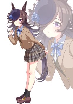 1girl animal_ears black_socks blue_bow blue_bowtie blue_flower blue_rose blush bow bowtie brown_hair brown_jacket brown_skirt brown_sweater_vest closed_mouth collared_shirt commentary_request flipped_hair flower hair_over_one_eye hat hat_flower highres hokuyukis horse_ears horse_girl horse_tail jacket leaning_forward long_hair looking_at_viewer open_clothes open_jacket pleated_skirt purple_eyes rice_shower_(umamusume) rose shirt shoes simple_background skirt smile socks sweater_vest tail tilted_headwear umamusume white_background white_shirt zoom_layer