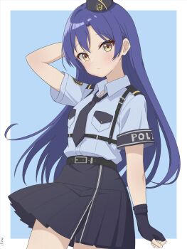 Rule 34 | 1girl, 82k mugi, arm behind head, black gloves, black necktie, black skirt, blue background, blue hair, blue shirt, border, commentary request, concept police (idolmaster), cowboy shot, fingerless gloves, garrison cap, gloves, hat, highres, idolmaster, idolmaster (classic), idolmaster million live!, idolmaster million live! theater days, kisaragi chihaya, long hair, looking at viewer, necktie, official alternate costume, outside border, police, police hat, police uniform, policewoman, shirt, short sleeves, simple background, skirt, solo, standing, white border, yellow eyes