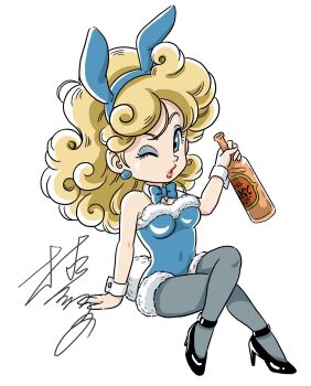 Rule 34 | 1girl, alcohol, animal ear hairband, animal ears, black shoes, blonde hair, blue bow, blue bowtie, blue eyes, blue eyeshadow, blue hairband, blue leotard, blue pantyhose, bottle, bow, bowtie, character ear piercing, chibi, commentary request, covered navel, crossed legs, curly hair, detached collar, dragon quest, dragon quest iii, earrings, eyeshadow, fake animal ears, fake tail, fur-trimmed leotard, fur trim, gadabout (dq3), hairband, high heels, highres, holding, holding bottle, jewelry, leotard, long hair, looking at viewer, makeup, murakami yumiko, pantyhose, pink lips, playboy bunny, rabbit ears, rabbit tail, shoes, signature, slime (dragon quest), solo, strapless, strapless leotard, tail, white background, wrist cuffs
