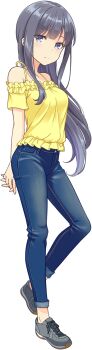 arms_behind_back black_hair blue_eyes blue_pants blush breasts closed_mouth denim dot_nose frilled_shirt frills game_cg grey_shoes highres interlocked_fingers jeans long_hair looking_at_viewer medium_breasts misumi_aoi non-web_source off-shoulder_shirt off_shoulder official_art ongeki own_hands_together pants shirt shoes short_sleeves sidelocks simple_background skinny_jeans sneakers split_mouth standing standing_on_one_leg straight_hair transparent_background white_shirt