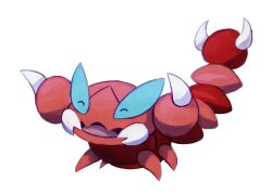 alternate_color animal_focus blue_eyes closed_eyes commentary full_body gen_4_pokemon happy ieaka nintendo no_humans open_mouth pokemon pokemon_(creature) scorpion shiny_pokemon simple_background skorupi solo