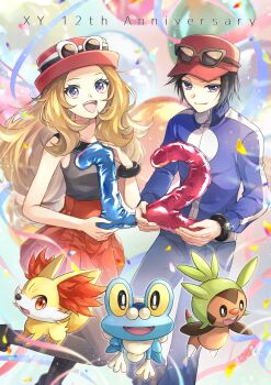 1boy 1girl anniversary balloon black_hair black_thighhighs blonde_hair blue_eyes blue_jacket breasts calem_(pokemon) chespin closed_mouth confetti eyelashes eyewear_on_headwear fennekin fox froakie frog gen_6_pokemon hat highres holding holding_balloon jacket long_hair long_sleeves looking_at_viewer mega_ring nintendo open_mouth pants pink_hat pokemon pokemon_(creature) pokemon_xy red_eyes red_hat red_skirt serena_(pokemon) shirt short_hair skirt sleeveless sleeveless_shirt smile starter_pokemon_trio streamers sunglasses teeth thighhighs turtleneck turtleneck_jacket upper_teeth_only white-framed_eyewear yellow_fur yomogi_(black-elf)