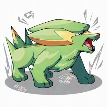 electrike gen_3_pokemon green_fur mistray-art nintendo no_humans open_mouth pokemon pokemon_(creature) signature simple_background solo white_background