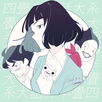 1girl 2boys akashi_(yojouhan) black_eyes black_hair blue_dress bob_cut colored_skin commentary_request dated dress glasses highres kawazu_(kwzuuun) looking_at_another looking_to_the_side mole mole_under_eye multiple_boys ozu_(yojouhan) pointy_ears red_scarf scarf sharp_teeth shirt short_hair signature teeth text_background translation_request watashi_(yojouhan) white_shirt white_skin yojouhan_shinwa_taikei