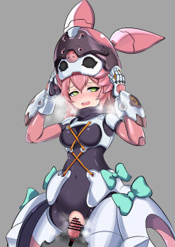 1girl absurdres animegao bar_censor black_bodysuit bodysuit breasts catstudioinc_(punepuni) censored commentary cosplay english_commentary green_eyes grey_background half-closed_eyes highres kigurumi looking_at_viewer mask mask_lift medium_breasts object_insertion pink_hair robot_costume skin_tight solo standing teeth upper_teeth_only vaginal vaginal_object_insertion yutane_johiel zenless_zone_zero