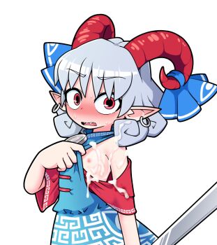 1girl arm_at_side blue_dress blush commentary_request cum cum_on_body cum_on_chest cum_on_clothes cum_on_hair curled_horns detached_sleeves dress earrings embarrassed flashing flat_chest grey_hair hand_up highres hoop_earrings horn_ornament horn_ribbon horns instant_loss jewelry looking_at_viewer nervous_sweating nipples open_mouth pointy_ears red_eyes red_horns red_sleeves ribbon sharp_teeth sheep_horns short_hair simple_background sleeveless sleeveless_dress solidus_(sword_cube) solo surprised sweat sweatdrop teeth textless_version touhou toutetsu_yuuma upper_body upper_teeth_only variant_set white_background wide-eyed