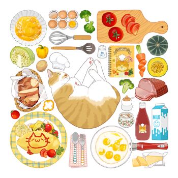 animal_focus bell_pepper book bowl bread bread_slice broccoli butter cabbage carrot cat chef_hat cherry_tomato cookbook cutting_board egg egg_carton egg_yolk eggshell food food_focus food_writing fork fried_egg frying_pan ham hat ketchup ketchup_bottle ladle lying mashed_potatoes milk_carton napkin no_humans omelet omurice on_side original plate potato salt_shaker simple_background slothm22 spoon squash sugar_bowl sugar_cube toast tomato tomato_slice toque_blanche unworn_hat unworn_headwear whisk white_background