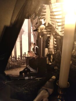 1boy apron black_dress brown_hair bw_sekai commentary crossdressing crossdressing_(mtf) dress expressionless frilled_dress frills highres juliet_sleeves kanae_(19th_costume)_(nijisanji) kanae_(nijisanji) long_dress long_sleeves looking_at_viewer maid maid_apron maid_headdress male_focus male_maid nijisanji official_alternate_costume platform_shoes puffy_sleeves see-through_clothes see-through_veil sitting solo sunlight symbol-only_commentary veil virtual_youtuber warm_colored white_apron white_headdress wide_shot