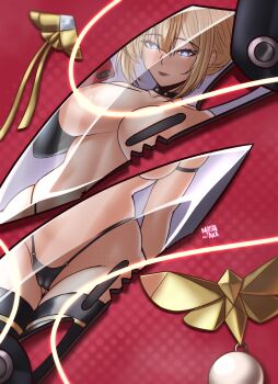 1girl absurdres alternate_costume areola_slip arm_strap artist_name bare_shoulders black_choker black_gloves black_panties black_thighhighs blonde_hair blue_eyes breasts bright_pupils cameltoe cellphone choker closed_mouth collarbone commentary dotted_background elbow_gloves english_commentary evelyn_chevalier gloves glowing glowing_eyes hair_between_eyes half-closed_eyes highres holding holding_phone knife large_breasts mashiaka navel panties phone red_background reflection reflection_focus single_elbow_glove smartphone solo stomach string_panties thighhighs thread underwear unworn_earring weapon white_pupils wide_hips zenless_zone_zero