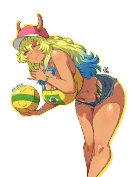 1girl ball baseball_cap bikini bikini_bottom_under_shorts bikini_under_clothes blue_hair blue_nails blue_shorts brazilian_flag brazilian_flag_print brazilian_miku_(cosplay) breasts closed_mouth crop_top curvy cutoffs denim denim_shorts dragon_girl dragon_horns exposed_pocket flag_print gradient_hair green_eyes green_hair hat horns huge_breasts jk_arts kobayashi-san_chi_no_maidragon lucoa_(maidragon) micro_shorts multicolored_hair navel one_eye_closed pink_hat shiny_skin shorts simple_background smile soccer_ball solo swimsuit tan tanline thong thong_bikini white_background wide_hips yellow_eyes