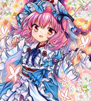 Rule 34 | 1girl, blue hat, blue kimono, blush, bug, butterfly, commentary request, cowboy shot, embellished costume, falling petals, flower, flower request, frilled kimono, frilled sleeves, frills, hat, insect, japanese clothes, kimono, long sleeves, looking at viewer, marker (medium), mob cap, neck ribbon, obi, open mouth, petals, pink butterfly, pink flower, pink hair, pink petals, purple ribbon, red eyes, ribbon, rui (sugar3), saigyouji yuyuko, sample watermark, sash, sleeve garter, smile, solo, touhou, traditional media, triangular headpiece, watermark, wide sleeves