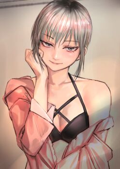 Rule 34 | 1girl, black bra, bra, breasts, closed mouth, grey eyes, grey hair, hand up, highres, jacket, kilye kairi, looking at viewer, medium breasts, open clothes, open jacket, original, pink jacket, seductive smile, short hair, sidelocks, smile, solo, underwear, upper body, upturned eyes