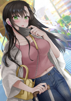 1girl artist_request bag between_breasts blush breasts brown_hair coat denim earphones green_eyes handbag jewelry long_hair looking_at_viewer mask_pull navel necklace open_mouth original ribbed_shirt shirt strap_between_breasts suitcase tank_top