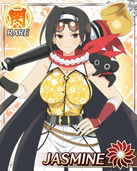 Rule 34 | 1girl, animal on arm, border, breasts, bridal gauntlets, brown eyes, brown hair, card (medium), carrying over shoulder, character name, elephant, eyewear on head, floral print shirt, game cg, grin, hairband, hand on own hip, holding, holding smoking pipe, jasmine (senran kagura), jewelry, kiseru, large breasts, looking at viewer, mole, mole above eye, multiple moles, necklace, official art, pants, parted bangs, pearl necklace, red scarf, scarf, senran kagura, senran kagura new wave, shirt, shirt tucked in, short hair, sleeveless, sleeveless shirt, smile, smoking pipe, solo, very short hair, white hairband, white pants, yellow shirt