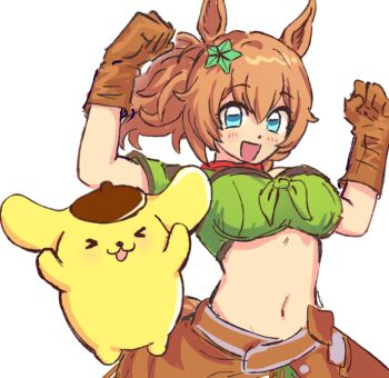 1girl animal_ears bandeau beret blue_eyes blush breasts brown_gloves brown_hair gloves green_bandeau hair_between_eyes hair_ornament hat horse_ears horse_girl horse_tail large_breasts looking_at_viewer lukadotxyz midriff navel open_mouth pompompurin ponytail sanrio skirt smile star_(symbol) star_hair_ornament taiki_shuttle_(umamusume) taiki_shuttle_(wild_frontier)_(umamusume) tail umamusume