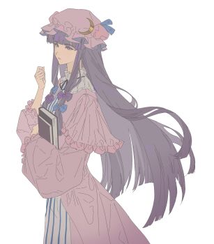 1girl black_ribbon blue_bow blue_ribbon blunt_bangs blunt_ends book bow bun_cover collared_dress cowboy_shot crescent crescent_hat_ornament double_bun dress expressionless frilled_dress frilled_headwear frilled_sleeves frills hair_bow hair_bun hand_up hat hat_ornament hat_ribbon highres holding holding_book layered_sleeves long_dress long_hair long_sidelocks long_sleeves looking_at_hand mob_cap multiple_hair_bows neck_ribbon parted_lips patchouli_knowledge pink_hat pink_robe pleated_sleeves purple_bow purple_eyes purple_hair ribbon robe short_over_long_sleeves short_sleeves sidelocks simple_background solo standing striped_clothes striped_dress tansuyuli touhou vertical-striped_clothes vertical-striped_dress very_long_hair white_background white_dress wide_sleeves