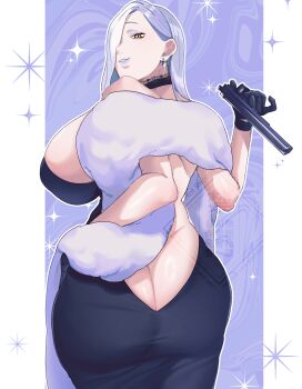 1girl absurdres ass back backless_dress backless_outfit bare_shoulders black_dress black_gloves blue_lips breasts butt_crack dress earrings eyeliner fate/grand_order fate_(series) feather_boa gloves gun hair_over_one_eye handgun highres hiyayaako jewelry large_breasts long_hair looking_at_viewer looking_back m1911 makeup mrs._snake_(fate) parted_lips smile solo weapon white_hair wide_hips yellow_eyes