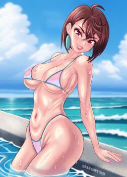 assymptoad ayase_momo beach bikini breasts brown_hair cloud cloudy_sky dandadan earrings in_water jewelry makeup medium_breasts nail_polish pool short_hair sitting sky smile swimsuit tagme thong underboob water wide_hips