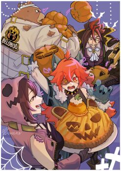 2boys 2girls animal_ears anton_ivanov bear_boy bear_ears ben_bigger black_hair brown_fur claws commentary_request fangs goya_1231 grace_howard halloween halloween_costume highres jack-o'-lantern koleda_belobog multicolored_hair multiple_boys multiple_girls open_mouth red_hair smile streaked_hair vampire_costume werewolf_costume zenless_zone_zero