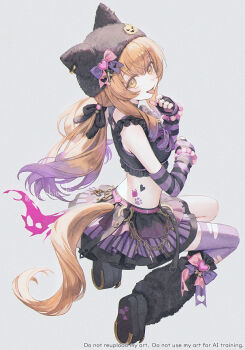 1girl 21_(nijuichinichi) :p animal_ear_headwear animal_ear_piercing animal_ears animal_hat back bare_shoulders bead_bracelet beads beanie belt black_choker black_gloves black_hat black_leg_warmers black_ribbon black_shoes black_skirt bow bracelet brown_tail cat_o-ring cat_tattoo chain choker clothing_cutout colored_tips commentary crop_top drill_hair drill_sidelocks fake_animal_ears film_grain fingerless_gloves fingernails frilled_straps from_side full_body fur_hat fur_leg_warmers fur_ribbon gloves grey_background hair_ribbon hat hat_bow hat_ornament heart heart_belt_buckle heart_hat_ornament heart_tattoo horse_tail horseshoe jewelry lace lace_choker layered_skirt leg_warmers long_hair looking_at_viewer looking_back low_twintails mayano_top_gun_(rockin&#039;_mewmeow)_(umamusume) mayano_top_gun_(umamusume) midriff midriff_tattoo miniskirt multicolored_hair nail_polish o-ring o-ring_belt open_mouth orange_hair orange_tail paw_cutout paw_print paw_print_pattern paw_tattoo pink_belt pink_bow pink_nails pleated_skirt pumpkin_hat_ornament purple_arm_warmers purple_bow purple_hair purple_skirt purple_thighhighs ribbon shoe_soles shoes sidelocks sideways_glance simple_background single_thighhigh sitting skirt skirt_set smile solo striped_arm_warmers striped_clothes striped_skirt tail tail_through_clothes tattoo thighhighs tongue tongue_out torn_clothes torn_thighhighs twintails twitter_username two-tone_bow umamusume vertical-striped_clothes vertical-striped_skirt wariza watermark yabi_fashion yellow_eyes