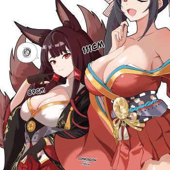 2girls absurdres akagi_(azur_lane) animal_ears annoyed artist_name azur_lane black_gloves black_hair breast_envy breasts brown_hair cleavage commission eyeliner fox_ears fox_girl fox_tail gloves highres japanese_clothes kimono large_breasts makeup measurements multiple_girls red_eyeliner red_eyes red_kimono simple_background staznyan taihou_(azur_lane) tail twintails upper_body white_background
