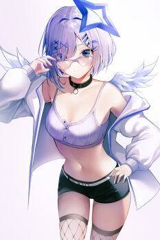 1girl absurdres adjusting_eyewear alternate_costume amane_kanata angel angel_wings bare_shoulders belt black_collar black_shorts blue_eyes buttons closed_mouth collar colored_inner_hair commentary contrapposto cowboy_shot crop_top fishnet_thighhighs fishnets glasses grey_hair hair_between_eyes hair_intakes hair_ornament hairclip halo hamelen7789 hand_on_eyewear hand_on_own_hip highres hololive jacket leaning_forward long_sleeves looking_at_viewer looking_over_eyewear multicolored_hair navel parallel_hairclips puffy_long_sleeves puffy_sleeves shirt short_hair short_shorts shorts simple_background smile solo spaghetti_strap standing star_halo swept_bangs thighhighs virtual_youtuber white_background white_belt white_jacket white_shirt white_wings wings x_hair_ornament