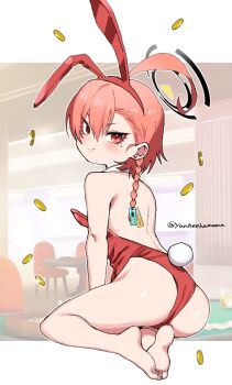 1girl ahoge animal_ear_hairband animal_ears ass back bare_back bare_legs bare_shoulders barefoot black_halo blue_archive braid closed_mouth coin commentary_request detached_collar earrings fake_animal_ears fake_tail feet from_behind hair_between_eyes hairband halo highleg highleg_leotard highres huge_ahoge jewelry leotard light_blush loli looking_at_viewer looking_back mole mole_under_eye neru_(blue_archive) neru_(bunny)_(blue_archive) official_alternate_costume orange_hair oversized_breast_cup playboy_bunny rabbit_ears rabbit_tail red_eyes red_hairband red_leotard shigeta_(yankeehamama) short_hair single_braid smile soles solo tail thighs toes twitter_username